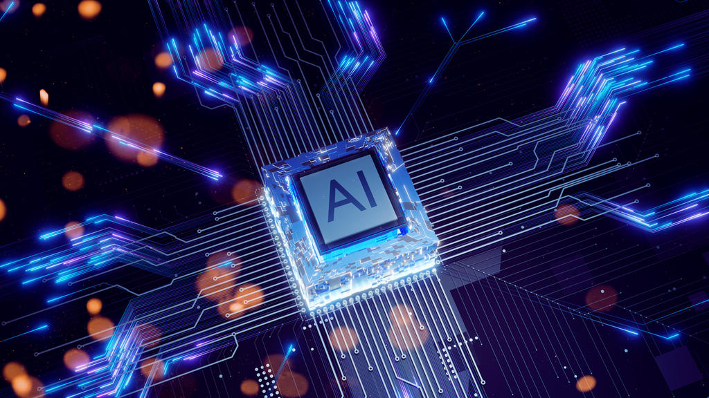 A glowing computer chip labeled "AI" at the center of a circuit board, with blue neon lines radiating outward to represent data connections and orange light flares adding a futuristic effect.